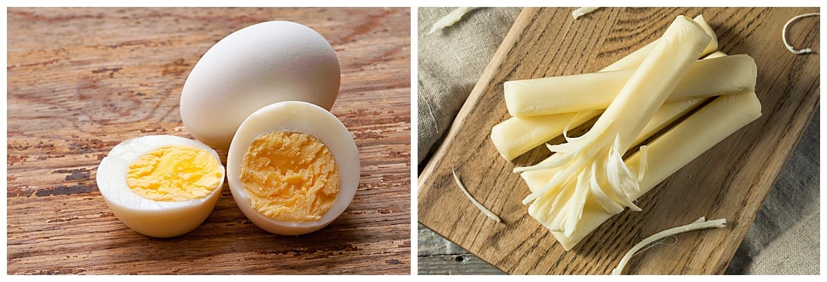 Hard-boiled eggs and string cheese