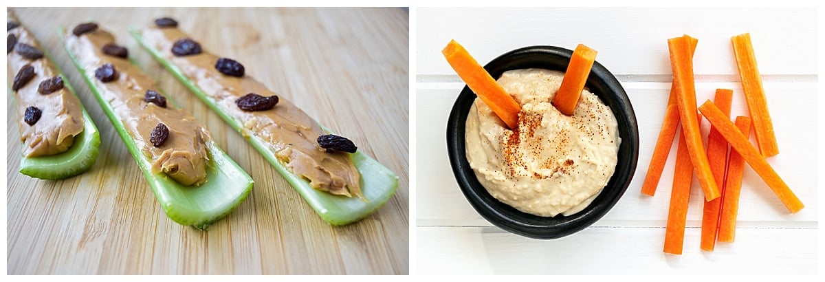 'Ants on a log' is a snack that combines peanut butter and celery sticks as the 'log' sprinkled with raisins on top as the 'ants'. It's a healthy snack and popular with parents. There is also a picture of carrots with hummus.