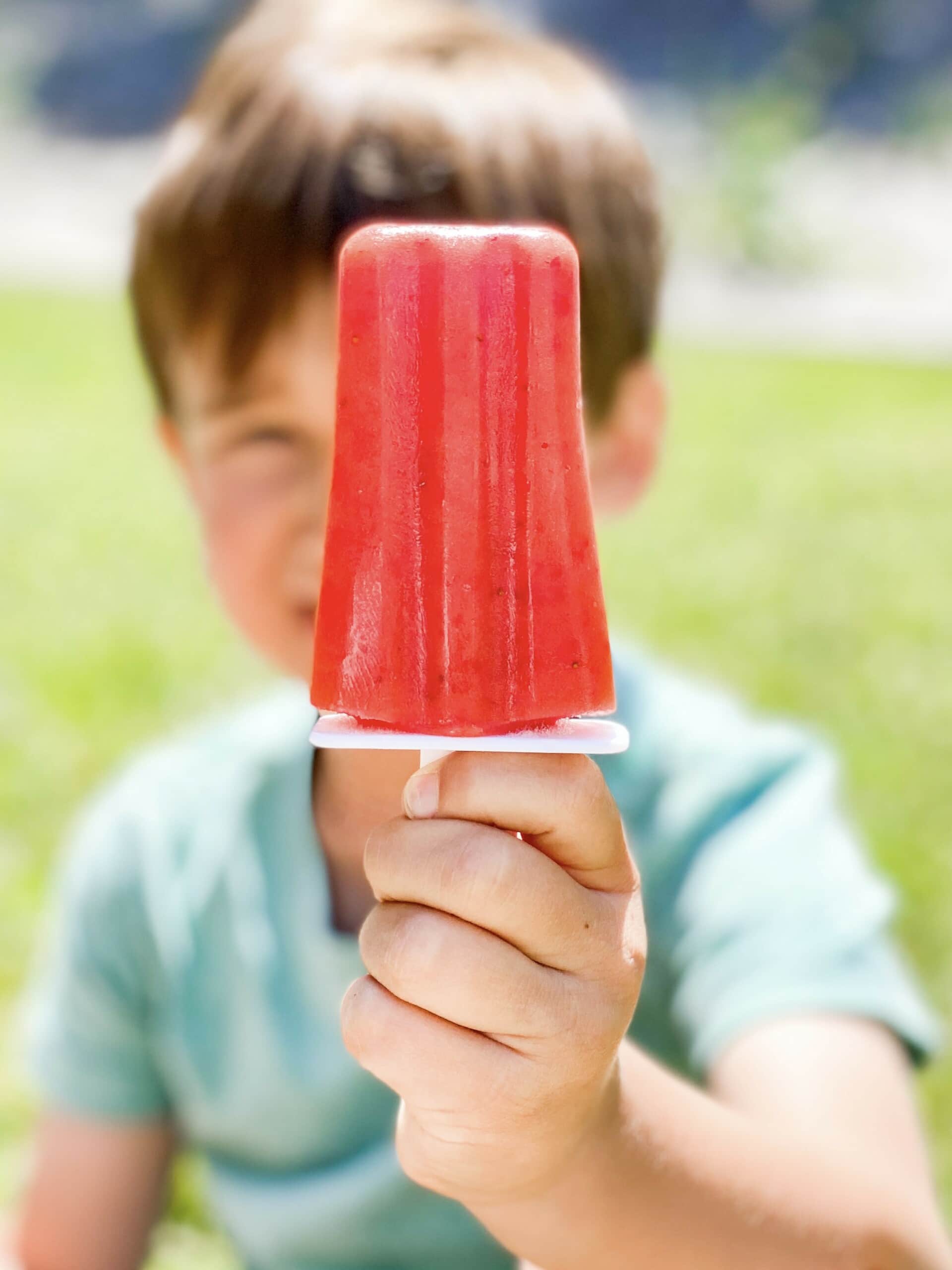 A child in a light blue shirt is holding up a red popsicle, delightfully enjoying the moment. The grassy and blurred background suggests an outdoor setting, perfect for trying out new popsicle recipes. The child's face is out of focus, emphasizing the vibrant popsicle in the foreground.