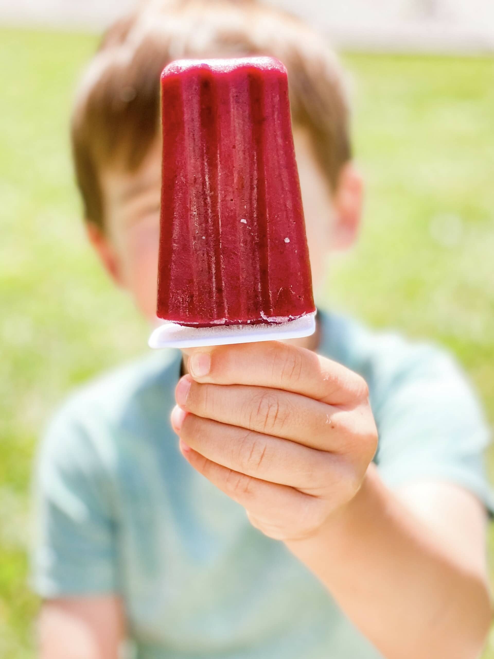 A child holding a red popsicle close to the camera, with their face blurred in the background, showcasing one of many delightful popsicle recipes. The child is wearing a light blue shirt and appears to be outdoors in a grassy area on a sunny day.