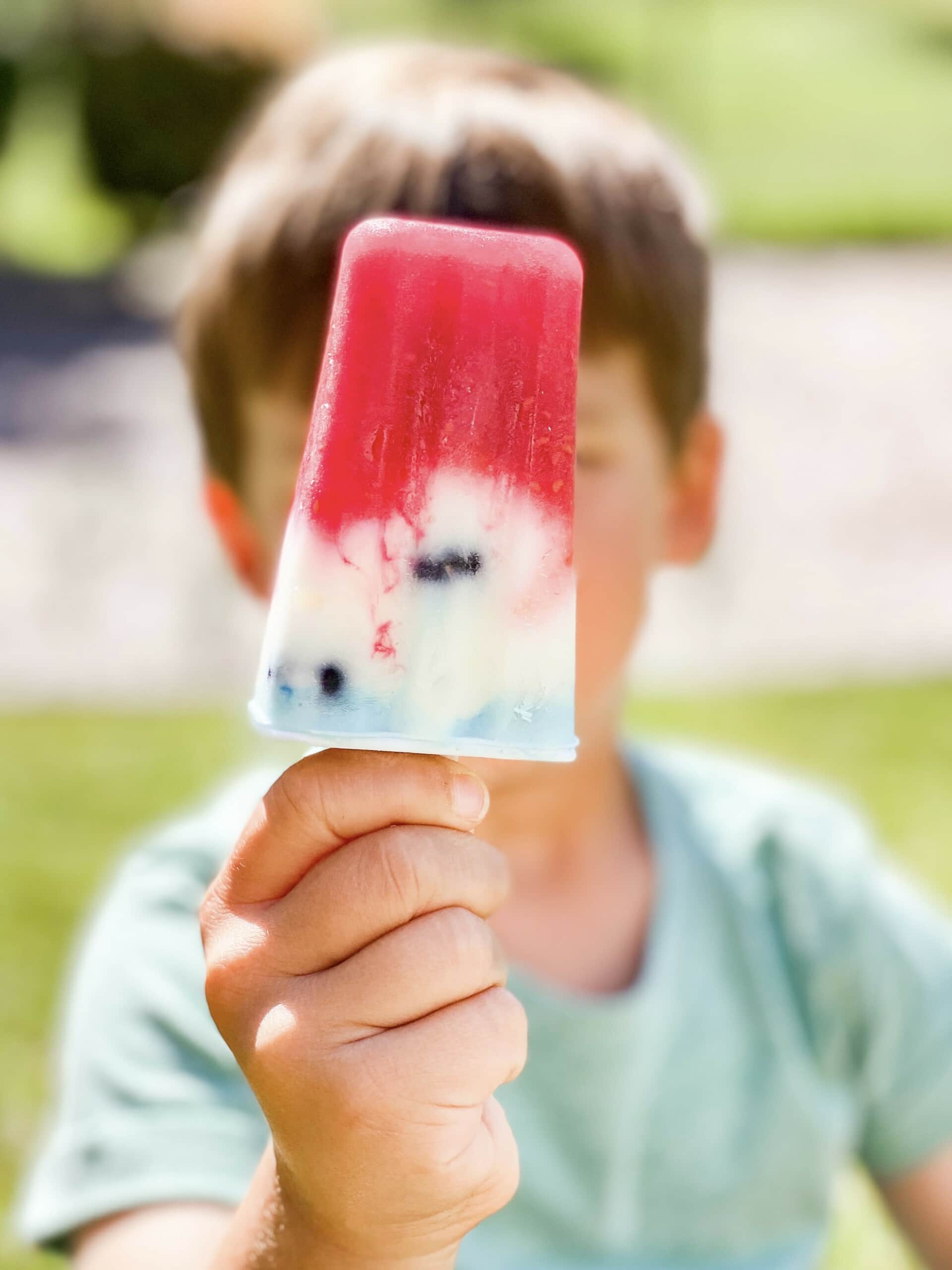 A child holds a colorful popsicle with layers of red, white, and blue, containing bits of fruit. The child, dressed in a light green shirt, is slightly out of focus, while the popsicle is in clear focus. The background is an outdoor setting with grass and a blurred walkway—perfect for summer popsicle recipes.
