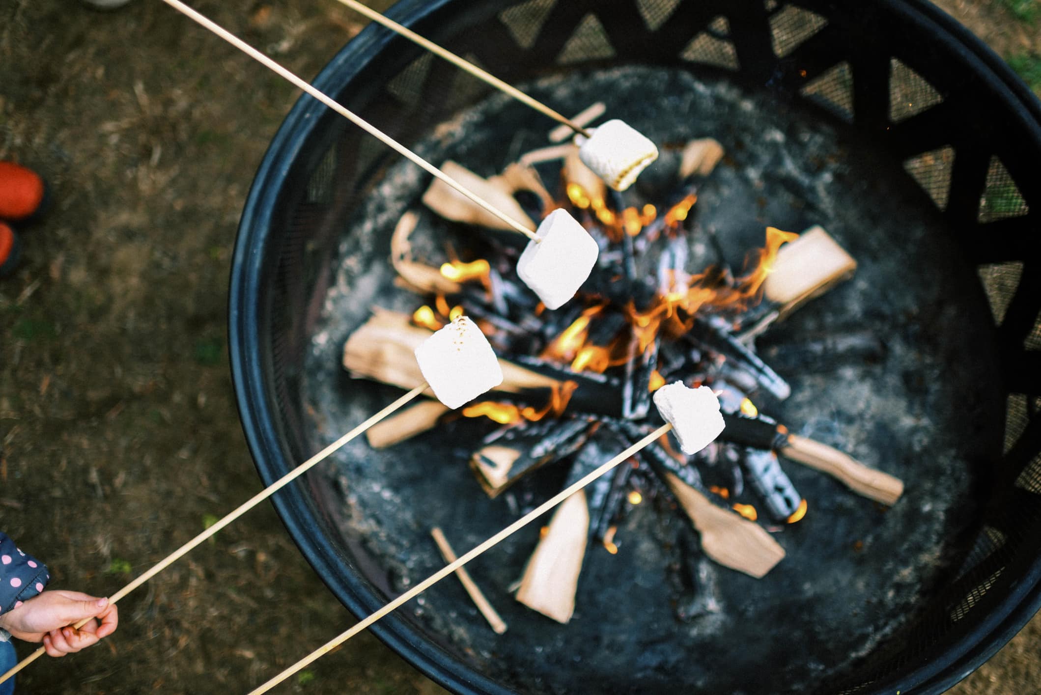birds view angle of bonfire and roasting marshmallows for s'mores