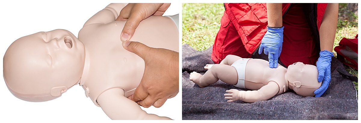 Education healthcare first aid of CPR training medical procedure of a newborn, demonstrating chest compression on CPR doll ,emergency training for safe life use automated external defibrillator(AED).