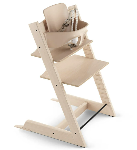 This chair plus baby set and harness configuration can grow with your child and be used from 6 months old to 3 years. Its sleek design is available in a variety of colors and in beech or oak wood finishes which will seamlessly blend into your home style.