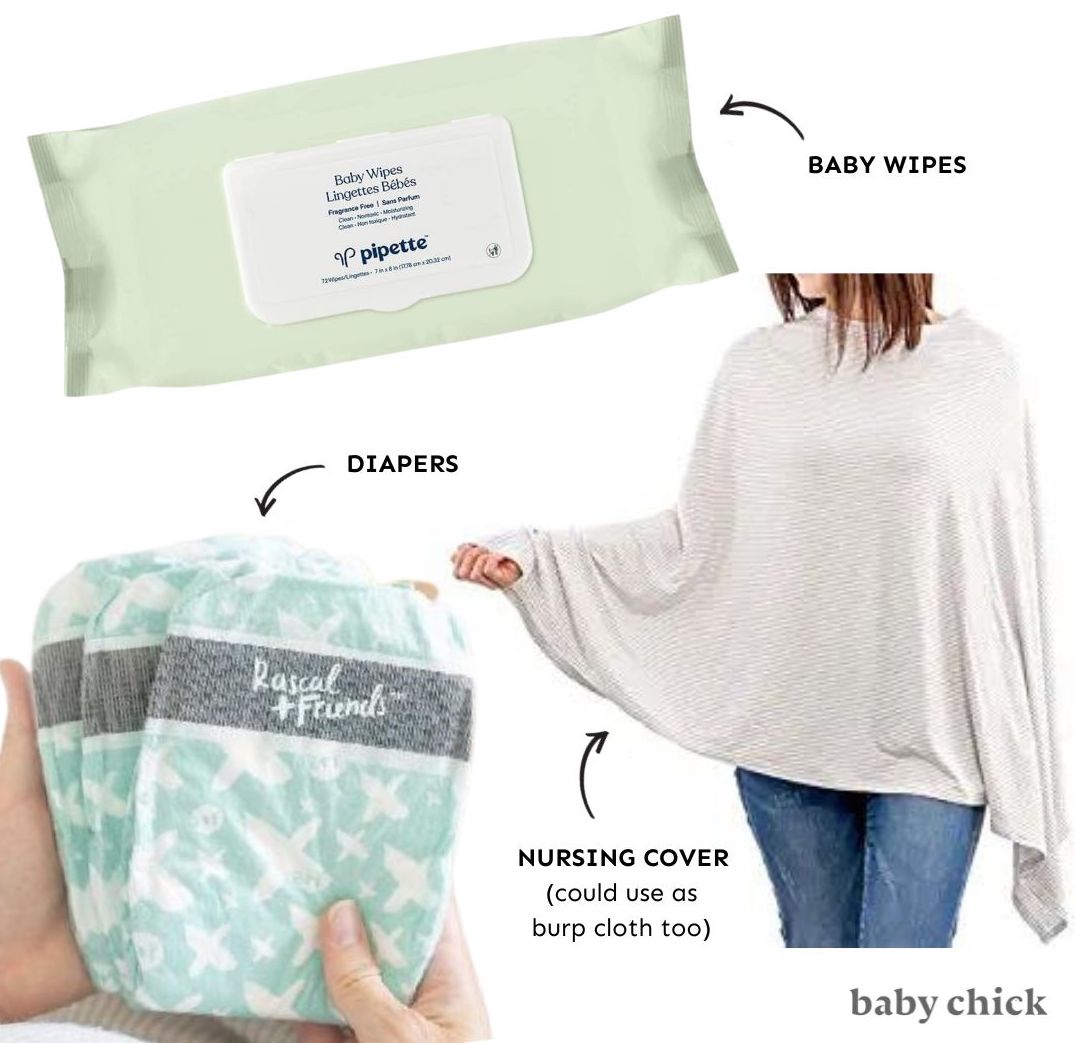 baby wipes, diapers, and nursing cover