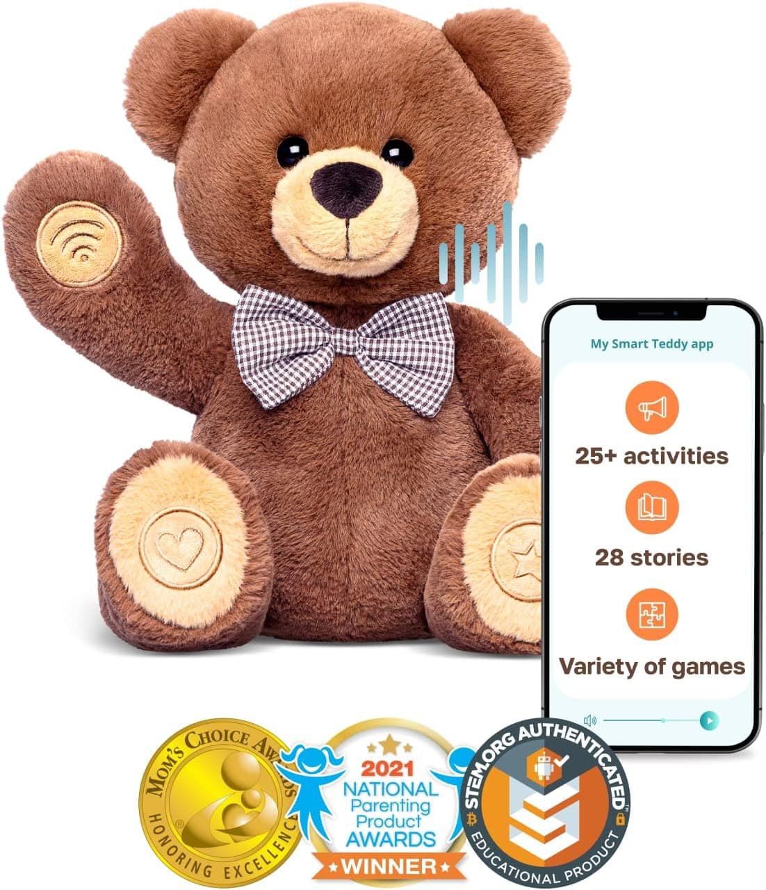 Brown teddy bear waving with phone showing the bear's features