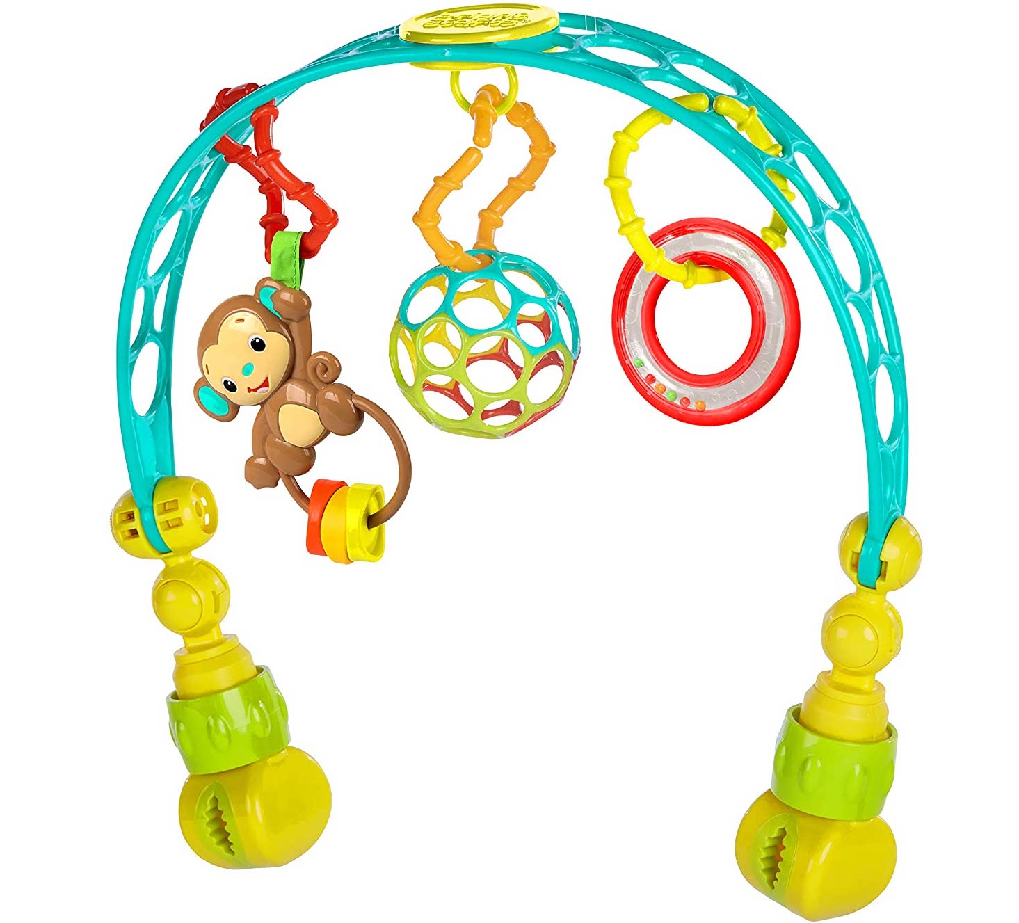 Blue arch with different toys hanging from it and yellow and green handles