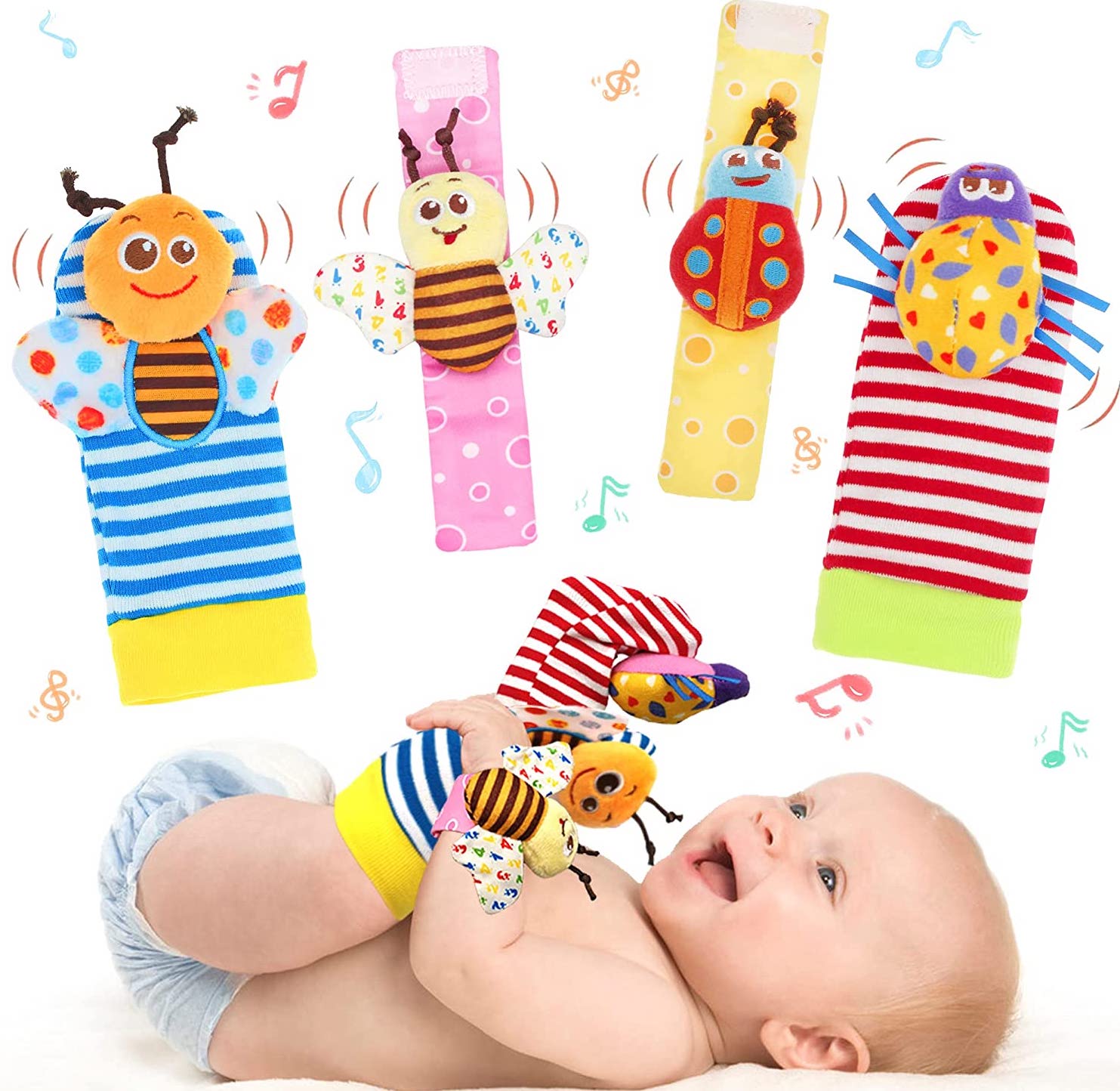 Baby laughing with stripe socks on with different noise making bugs