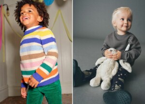 Toddler boy wearing a stripped sweater and young toddler boy sitting holding a stuffed animal.