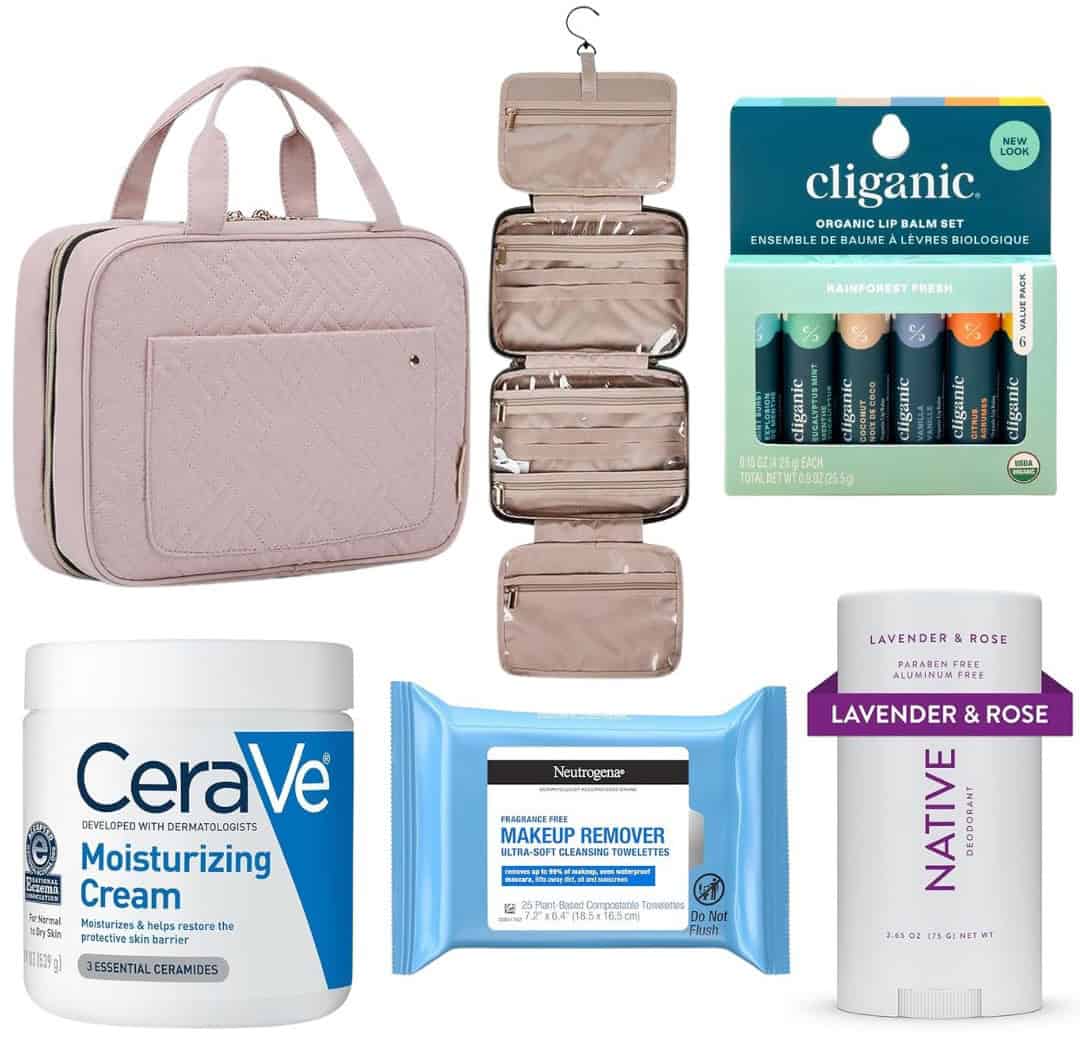 A collection of personal care products for your c-section hospital bag: a pink hanging toiletry bag, Cliganic organic lip balms, CeraVe moisturizing cream, Neutrogena makeup remover wipes, and Native lavender and rose deodorant.