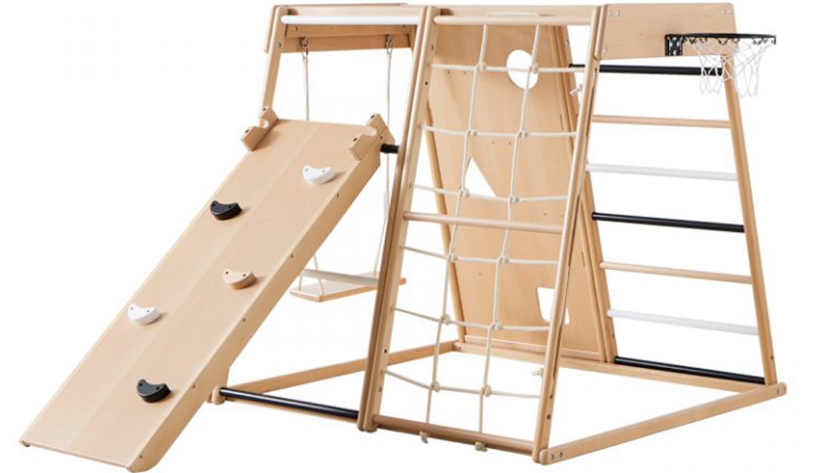Kids activity gym with swing, rock-climbing wall, rope latter, basketball hoop, and step latter
