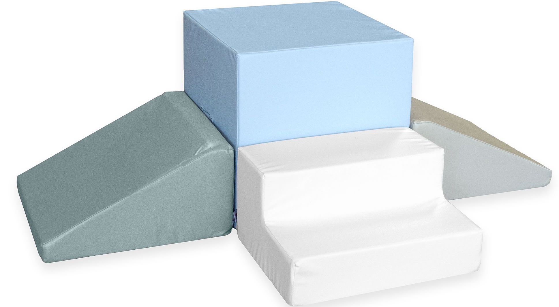 Blue, white, and green foam blocks in different shapes for kids to climb on