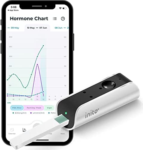 Cell phone with inito app showing hormone chart and the inito fertility tracker next to it. 