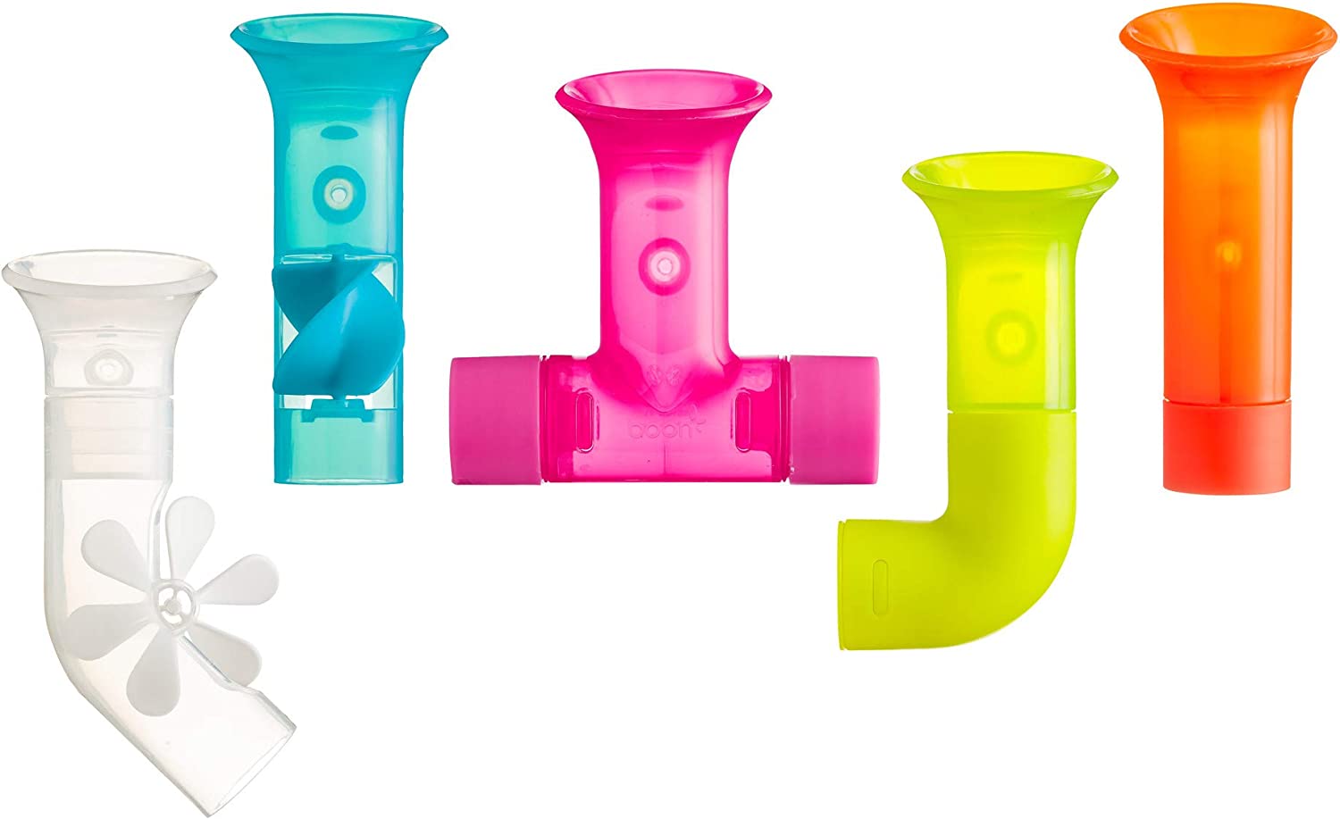 A set of five tubes in a variety of shapes and colors. 