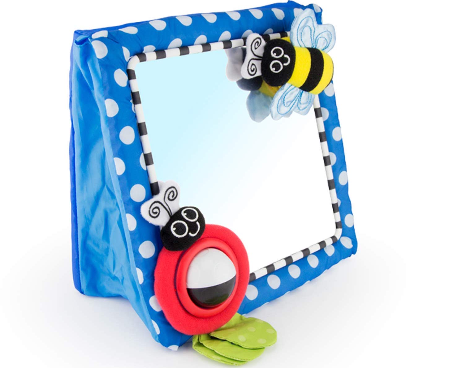 Blue framed mirror with white polka dots and a bumble bee and ladybug attached to corners. 