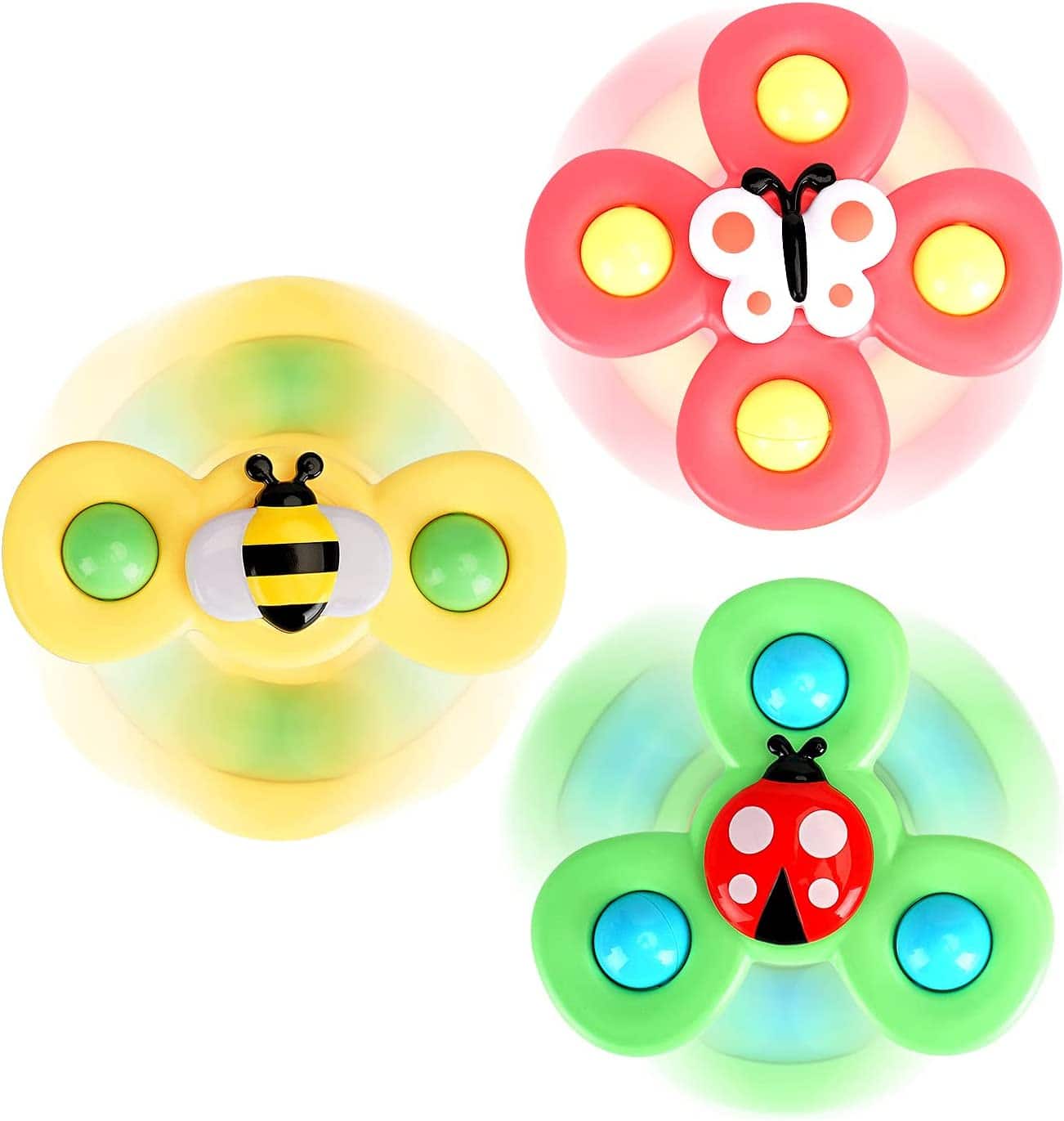 Three spinners with a bumble bee, butterfly, and ladybug on them. They are yellow, pink, and green. 