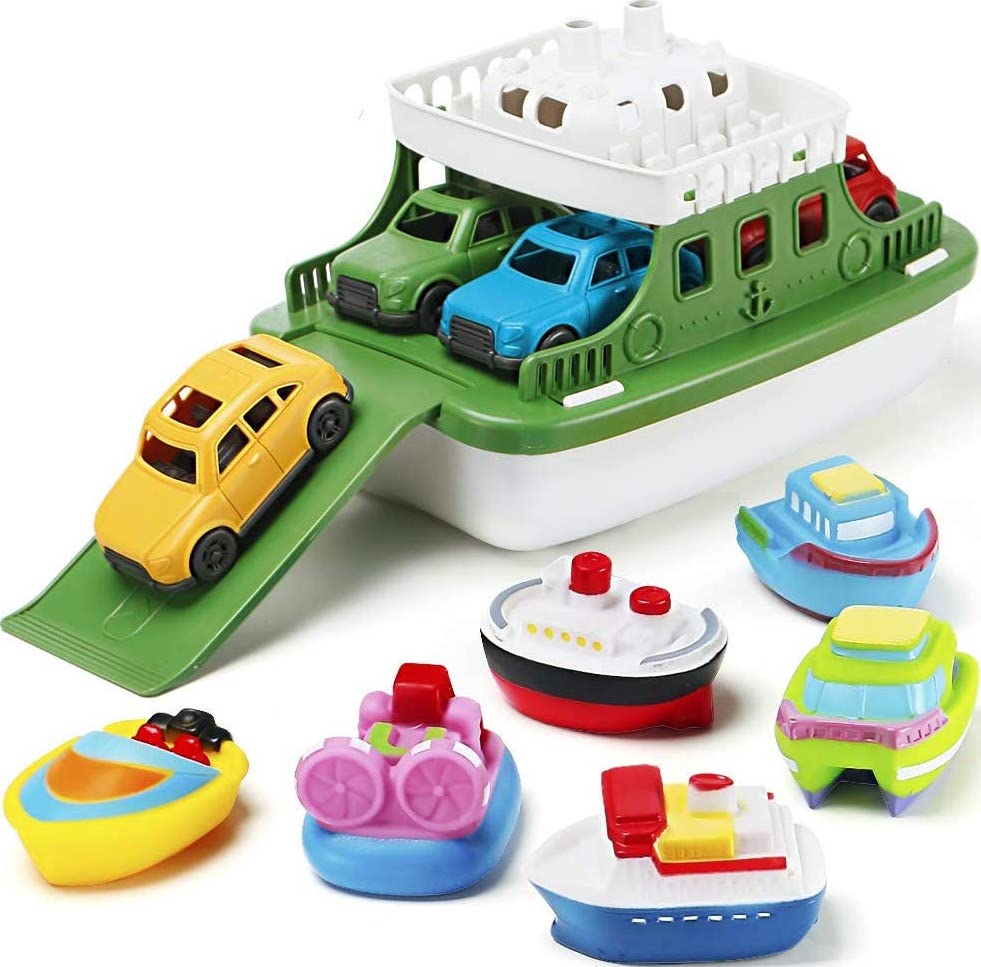 Large green bath boat toy that comes with 4 mini cars it can carry and 6 mini boat squirters. 
