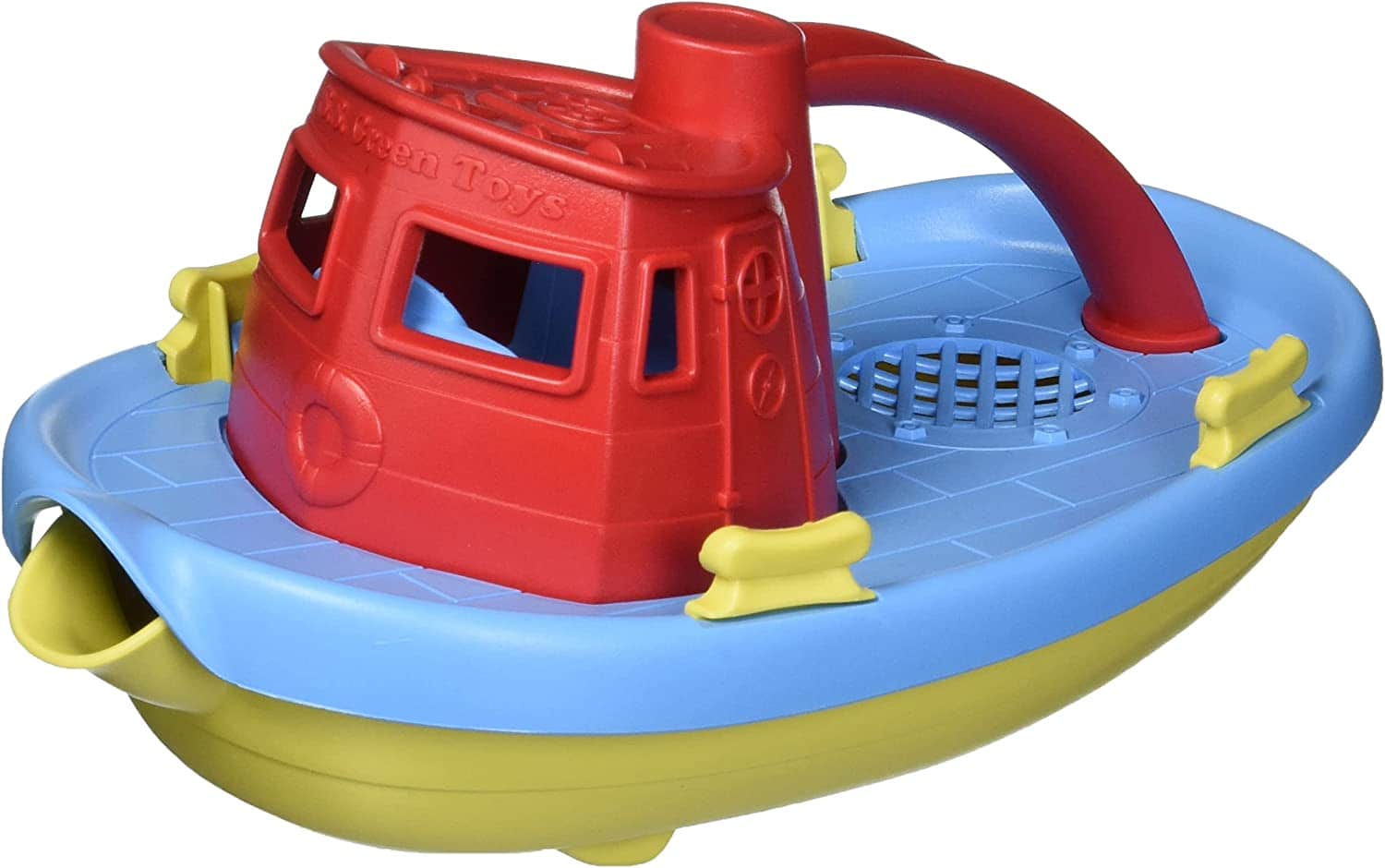 Red, blue, and yellow toy tug boat. 