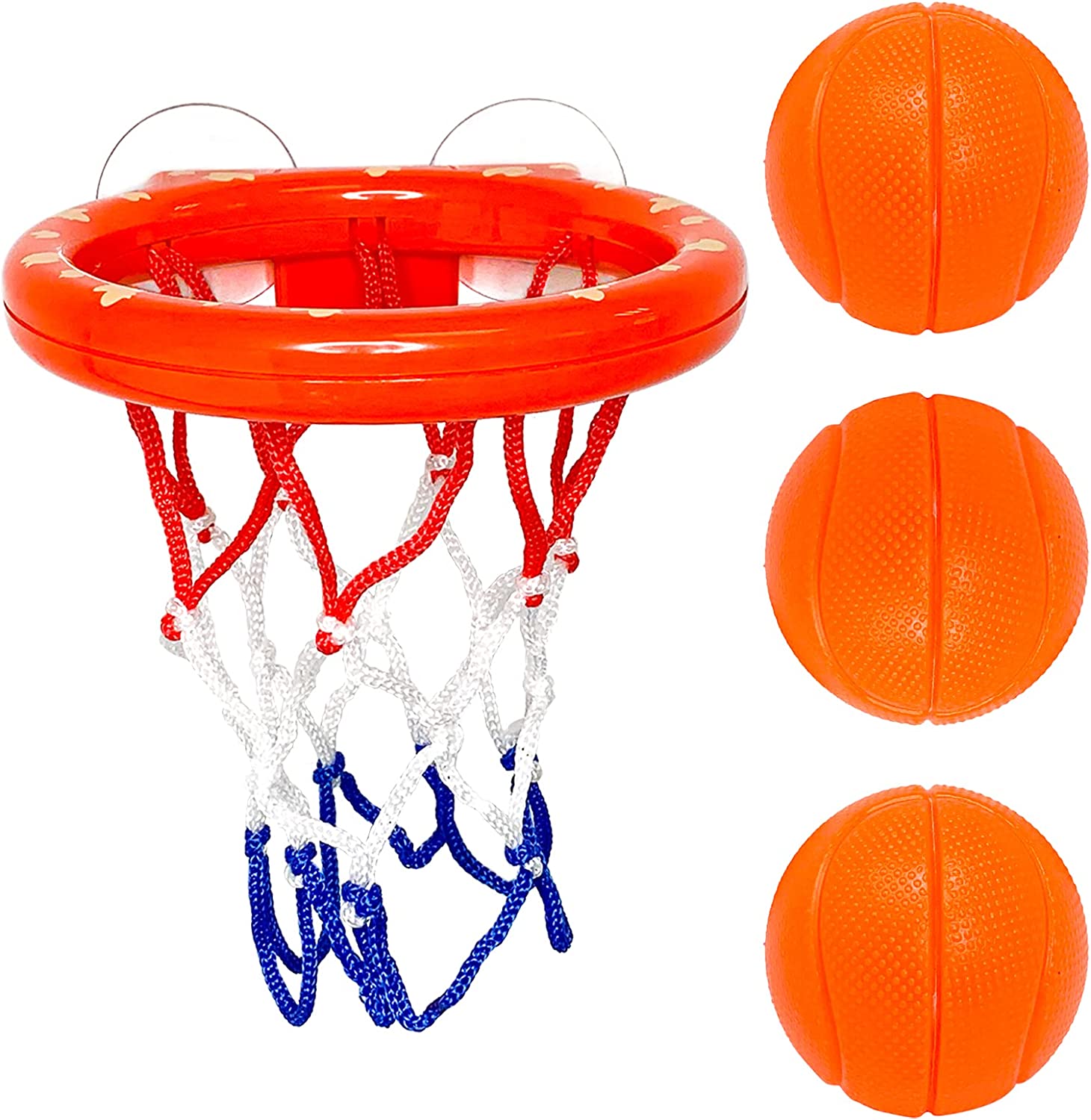 Red, white, and blue basketball hoop with three orange basketballs. 