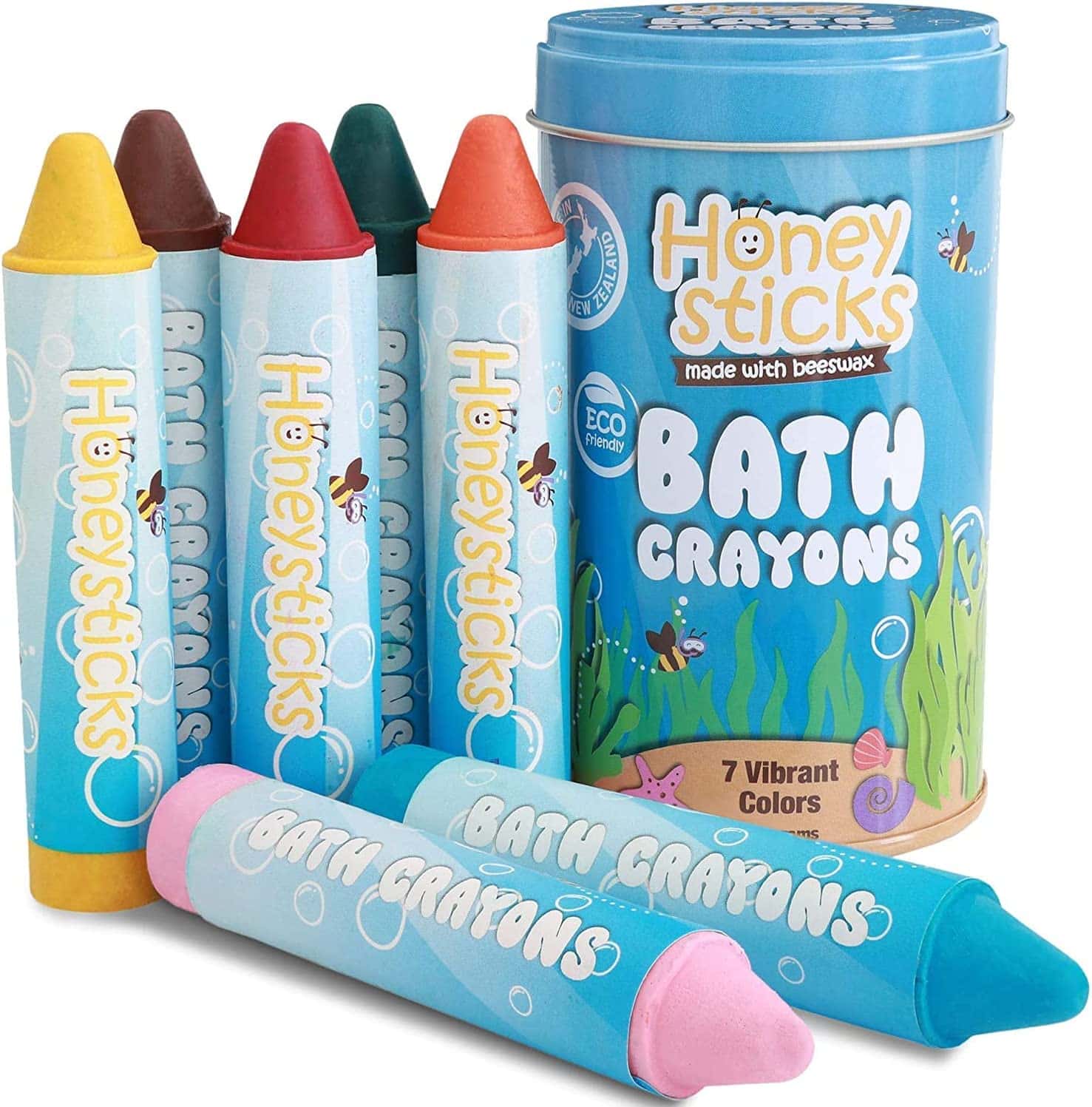 A container with bath crayons in an assortment of colors standing up and laying down next to it. 