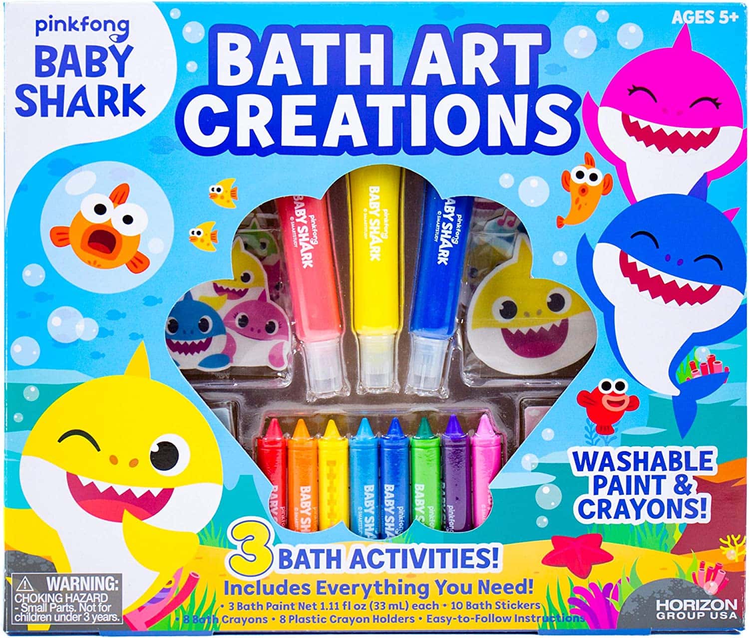 Baby Shark themed washable paint and crayons set in a variety of colors. 