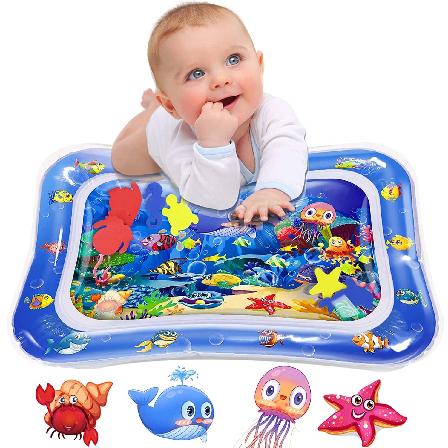 Baby laying on a water mat with different sea creatures inside. 