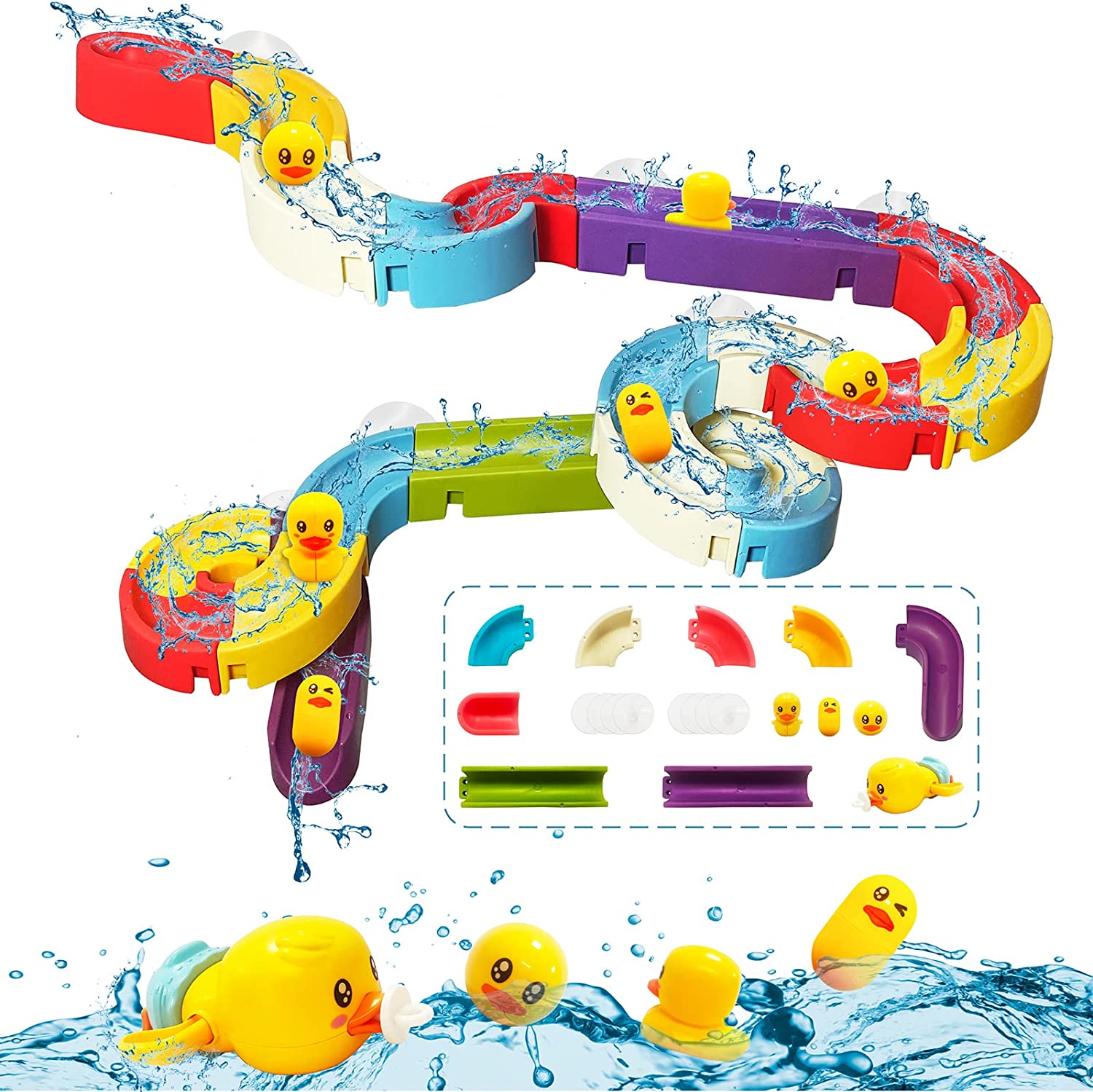 A water slide in a variety of colors and rubber duckies sliding down in the water. 
