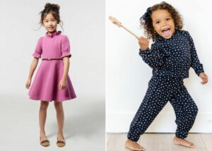 Two pictures - one of a young asian girl wearing a pretty purple dress with her hair up and the other of a happy toddler girl holding a wand with a jogger set on and a bow in her hair.