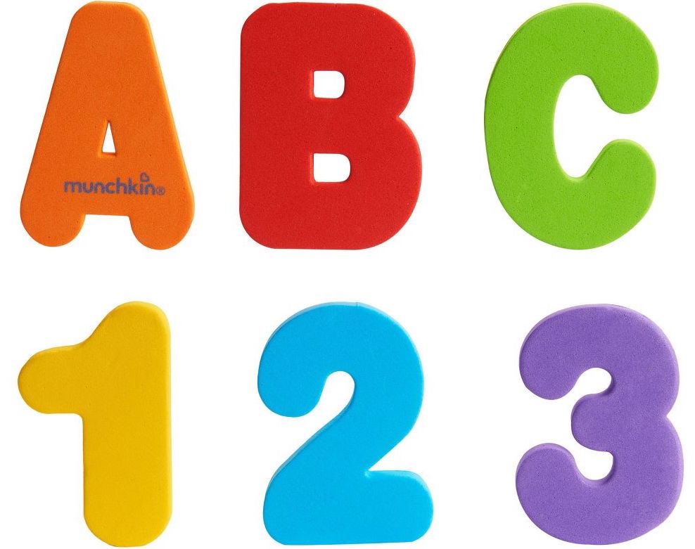 Foam letters and numbers in different colors. 