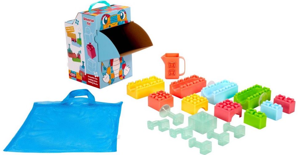 A box with a variety of blocks in different colors and shapes and a blue carrying bag. 