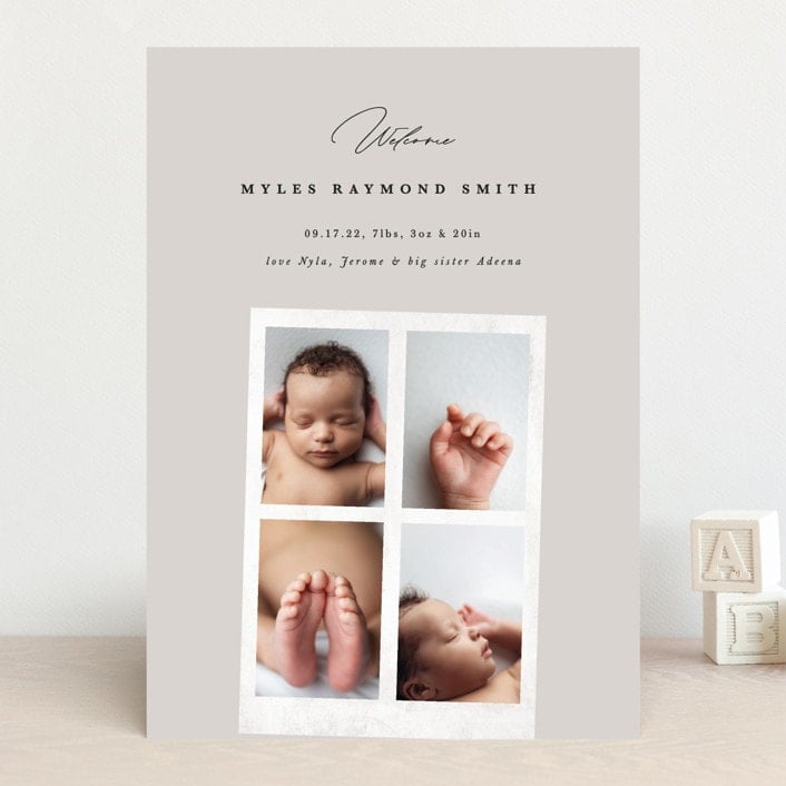 Beige card with a collage of photos of a baby and the birth announcement text. 