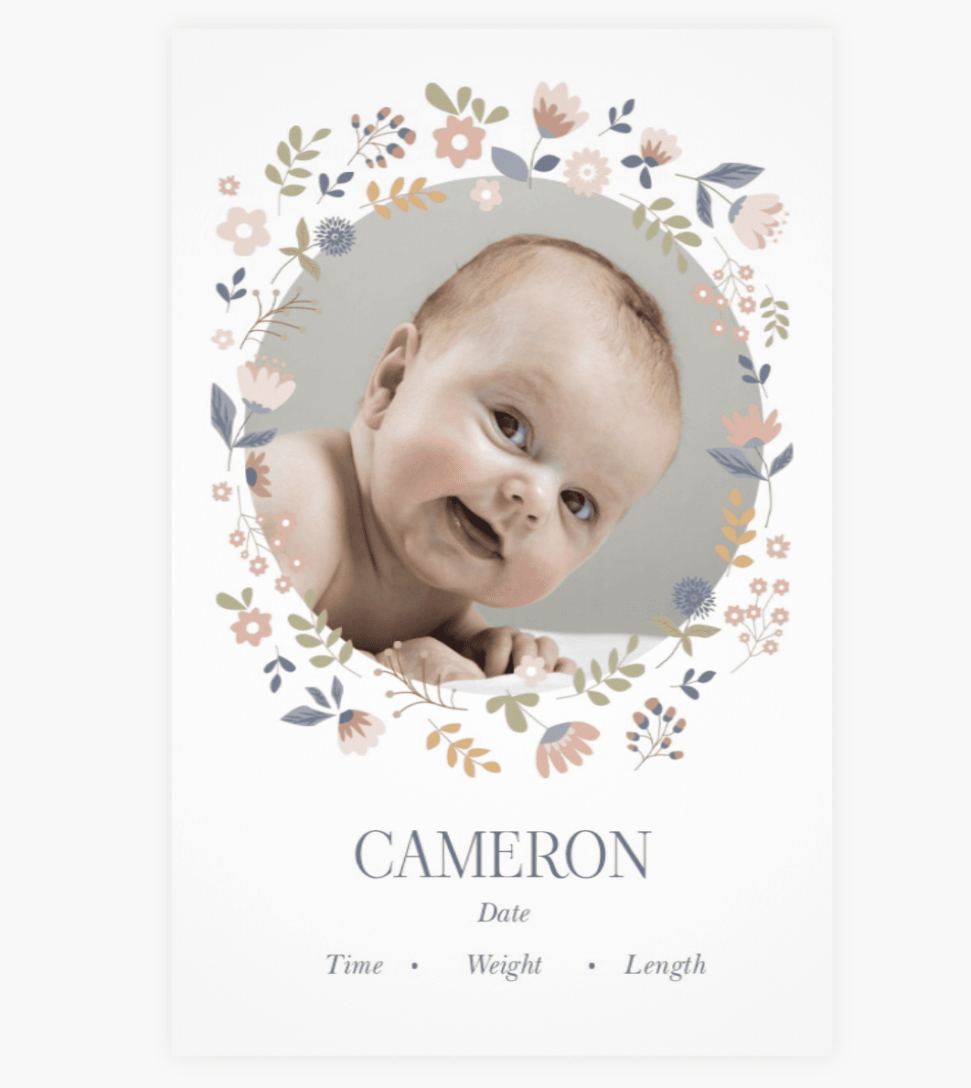 A white card with a photo of a baby in the middle and a floral border surrounding the photo. Text is at the bottom announcing the birth details. 