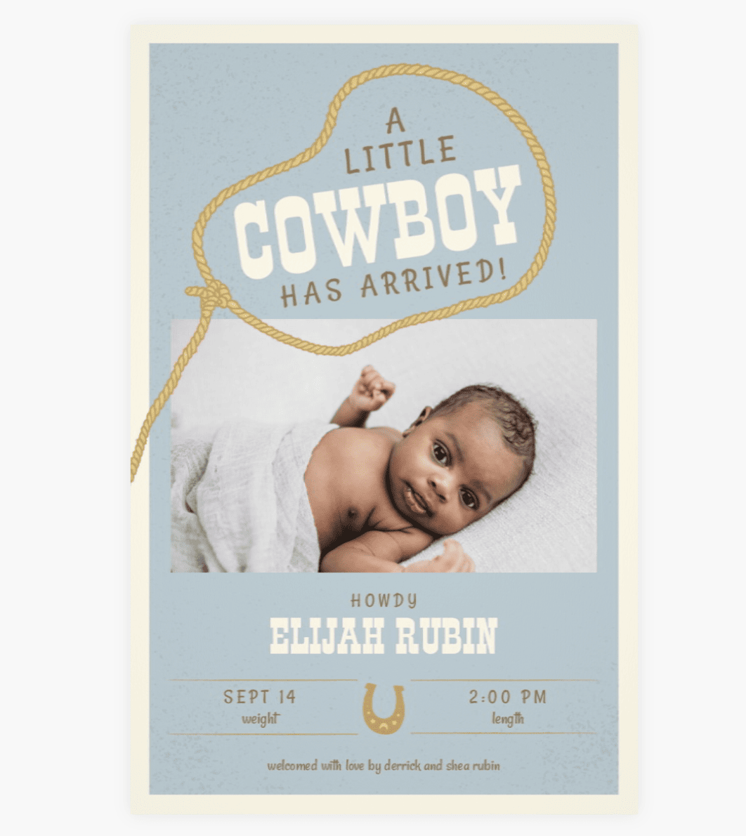 A blue card with a photo of a baby in the center and text at the top and bottom announcing the birth details. 