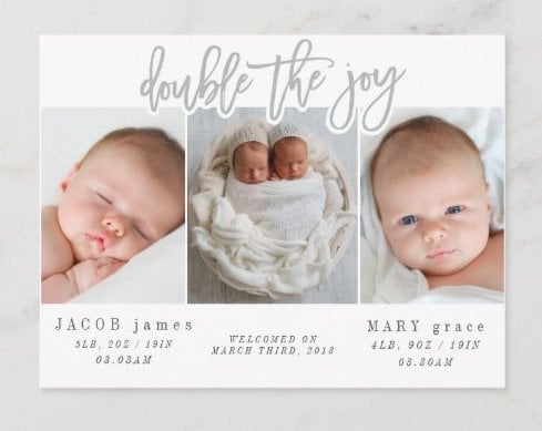Card with three photos of twin babies and text announcing their birth. 