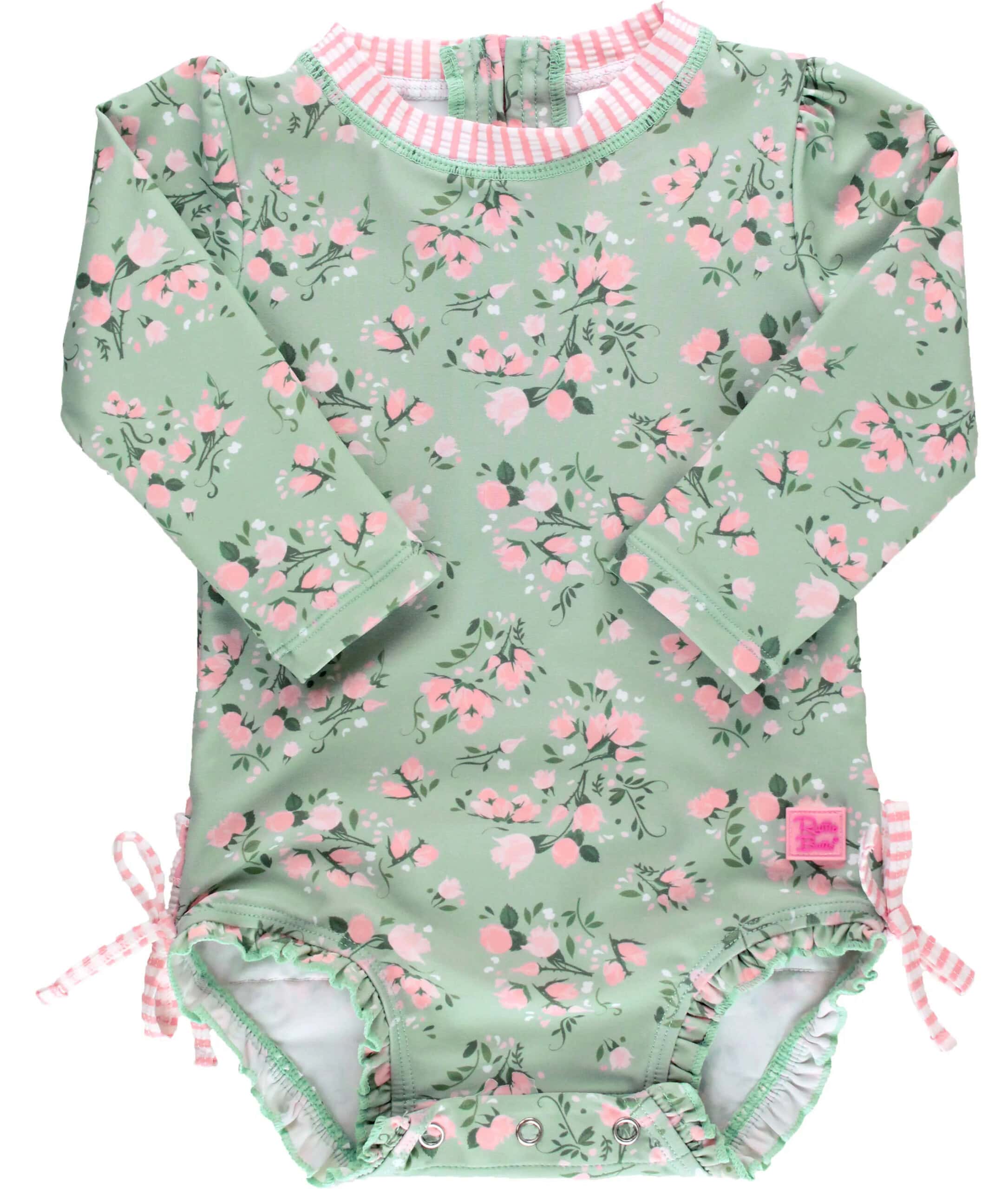 Green and pink floral print one-piece bathing suit 
