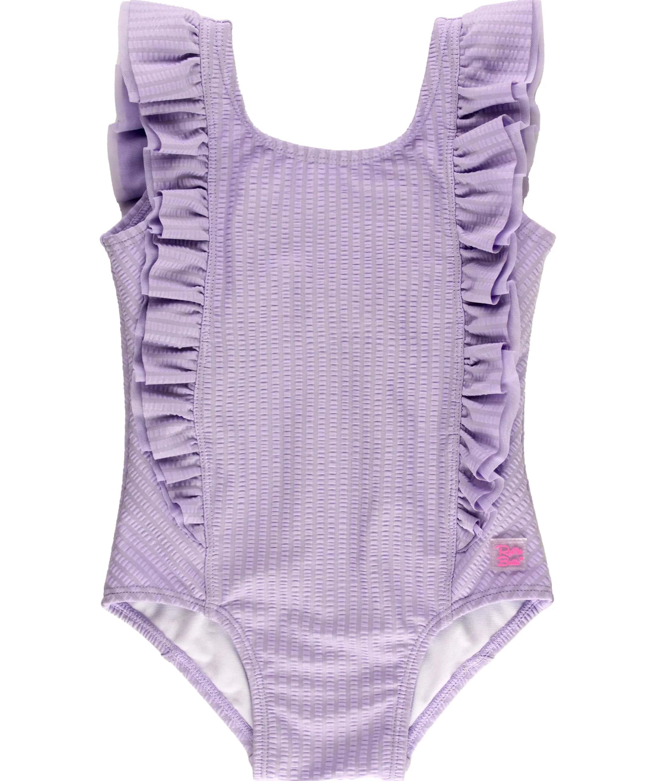 Purple ruffle one-piece bathing suit 