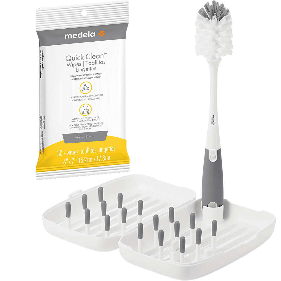 Package of Quick Clean Wipes and grey and white Bottle Brush with drying rack