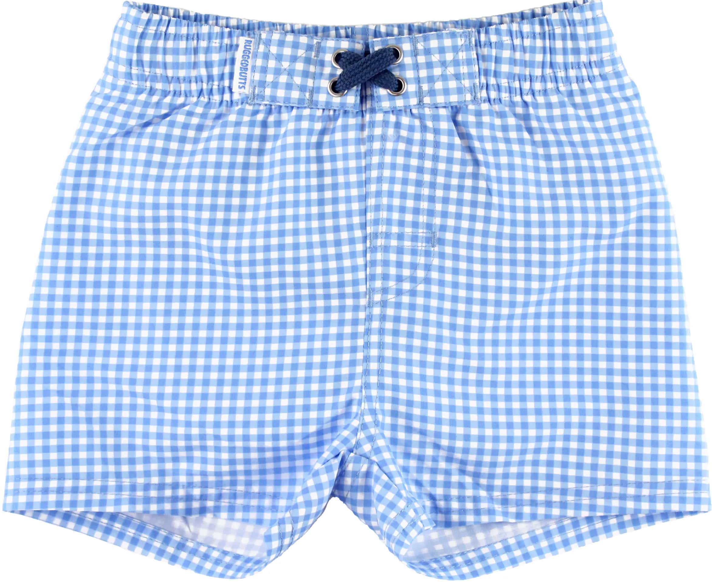Blue and white checkered swim trunks 