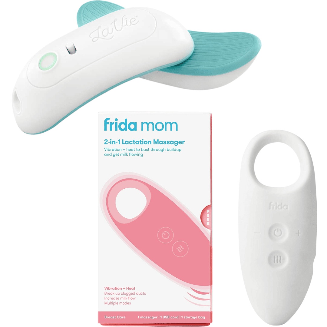 LaVie lactation massager in blue and white, and Frida Mom 2-in-1 Lactation Massager in white.