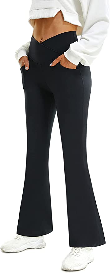 Woman in black flare leggings 