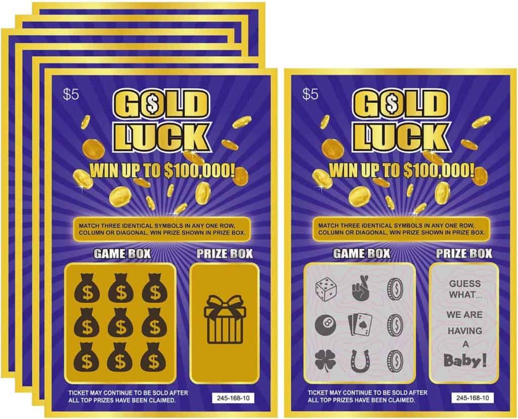 Image of five Gold Luck lottery scratch-off tickets, each priced at $5. With symbols like dollar signs and gifts, these tickets cleverly reveal the joyful message, Guess what...We are Having a Baby!—the perfect way to subtly tell your partner you are pregnant. Win up to $100,000!