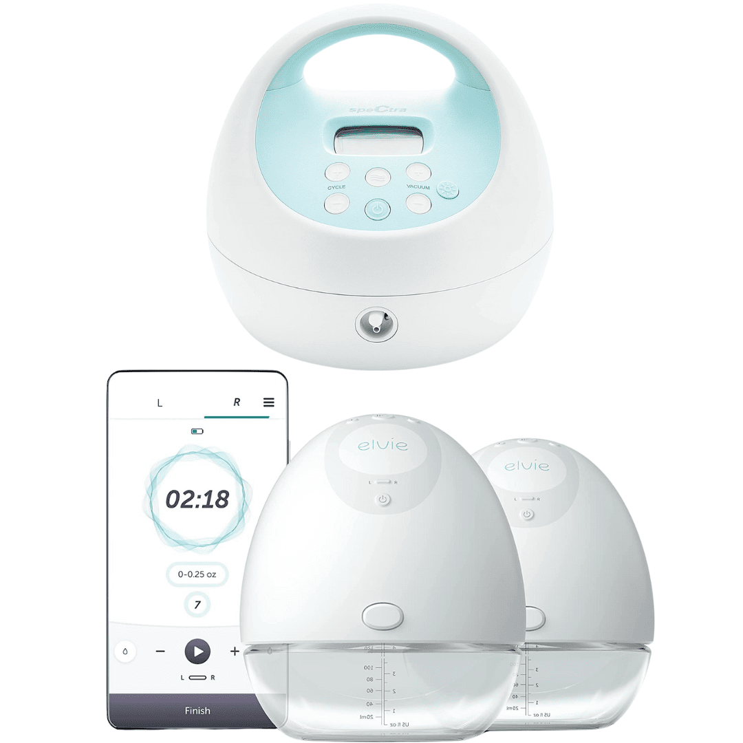 Spectra double electric breast pump in white and light blue and Elvie portable breast pumps next to iPhone with Elvie app