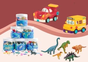 Collage of toys that make great and unique party favors for birthday parties for kids.