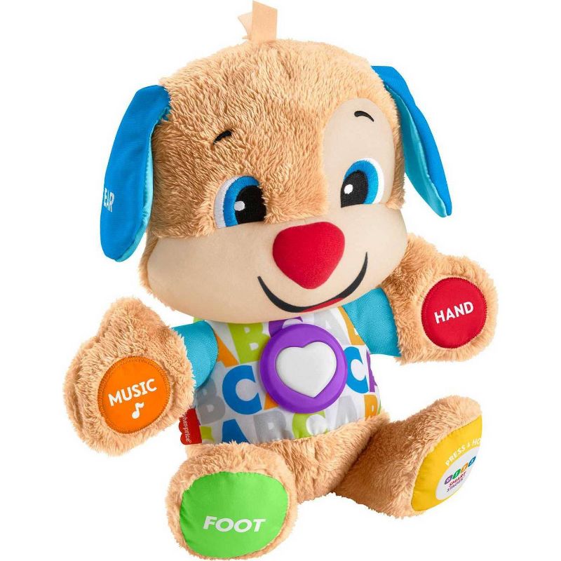 Stuffed animal dog toy with different interactive activities for babies 