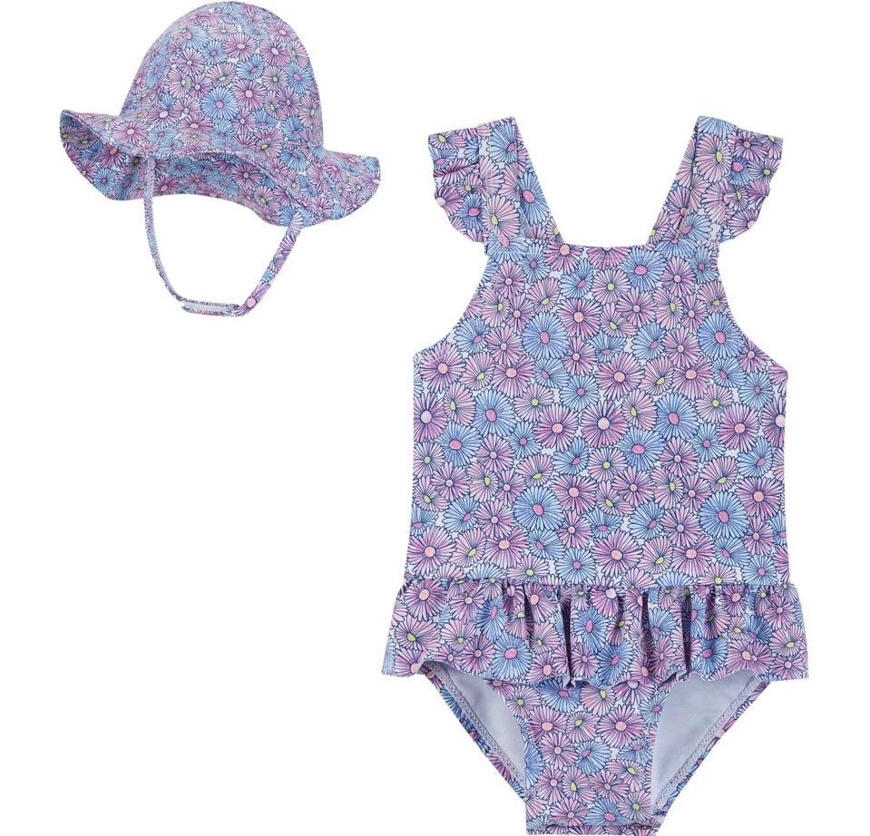 Floral one-piece swimsuit with matching hat 