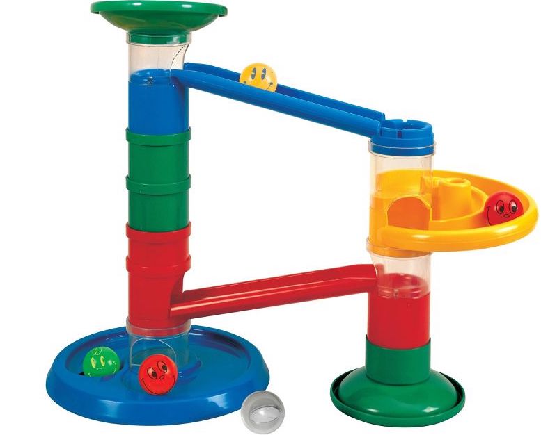 Marble run toy in red, blue, white, green, and yellow with smiley face balls 
