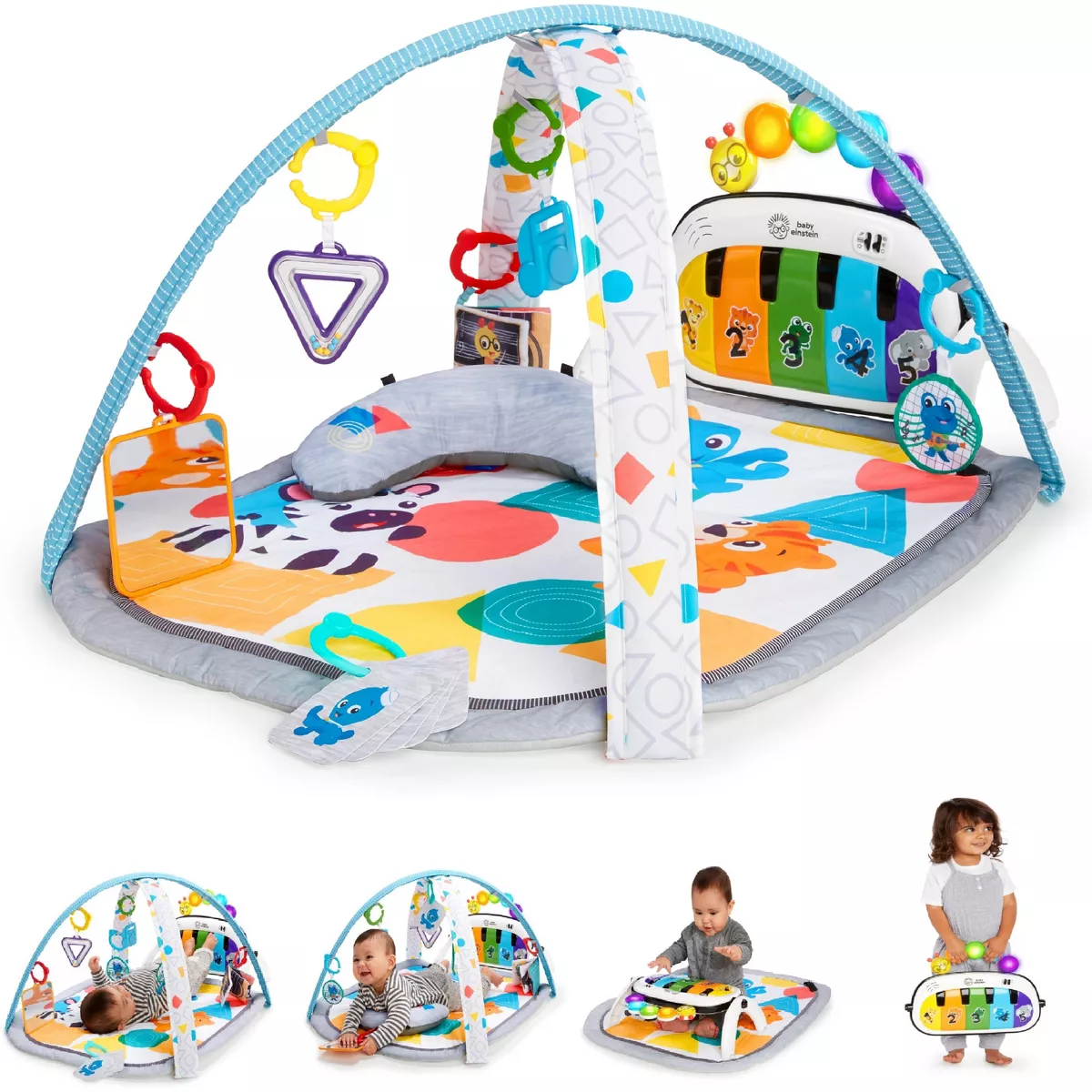 A baby play gym, ideal among toys for babies, features a colorful playmat with various hanging toys, including a mirror, rings, and shapes. There is a piano keyboard at one end. Smaller images at the bottom show different configurations with babies using the play gym.