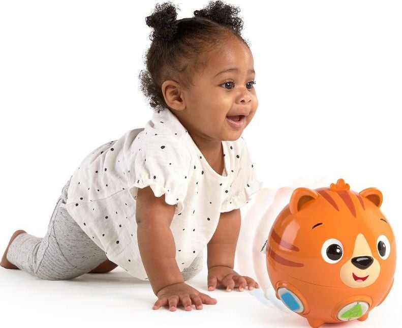 Little girl crawling behind a moving tiger toy 