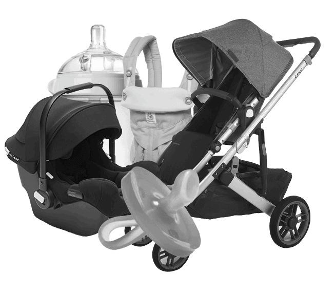 collage with car seat, stroller, pacifier, baby bottle