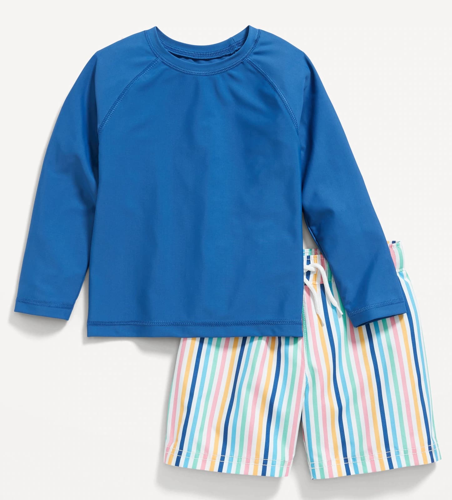 Long sleeve two-piece blue and rainbow stripe bathing suit 